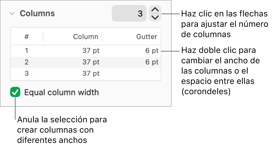 Controles de la sección de columnas para cambiar el número de columnas y la anchura de cada columna.