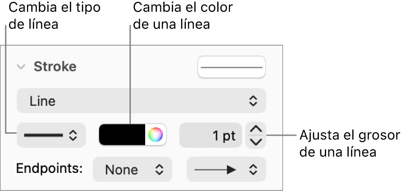 Los controles de trazo para ajustar puntos finales, grosor de línea y color.