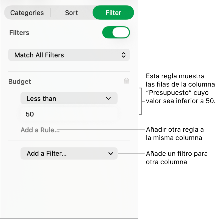 Controles para crear reglas de filtro.