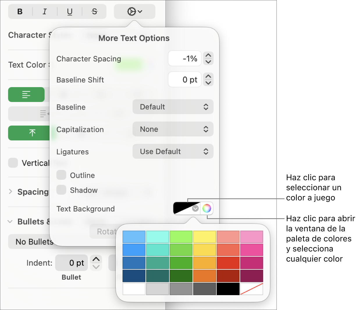 Controles para seleccionar un relleno de texto.