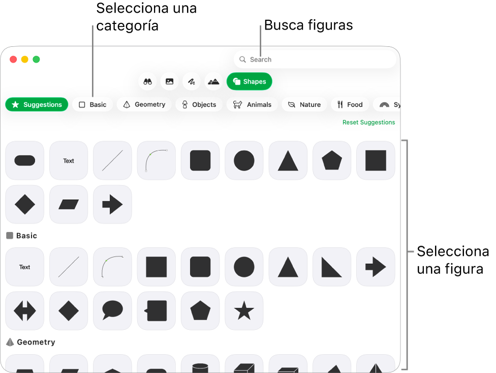 La biblioteca de figuras, con las categorías enumeradas a la izquierda y las figuras mostradas a la derecha. Puedes usar el campo de búsqueda de la parte superior para buscar figuras o desplazarte para ver más.
