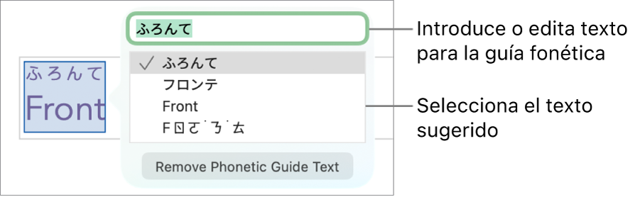 Guía fonética abierta para una palabra, con llamadas al campo de texto y al texto sugerido.