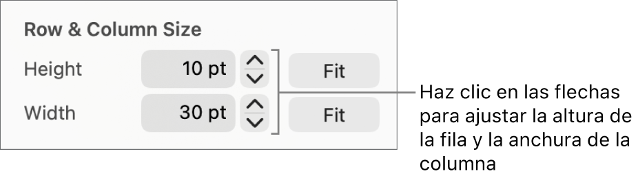 Los controles para ajustar un tamaño de fila o columna preciso.