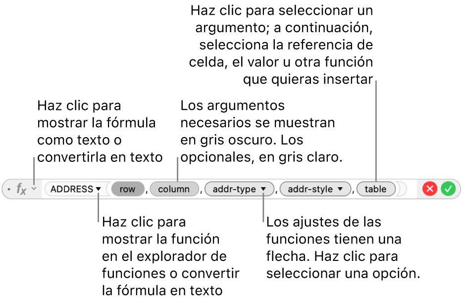 Editor de fórmulas con la función DIRECCION y sus identificadores de argumentos.