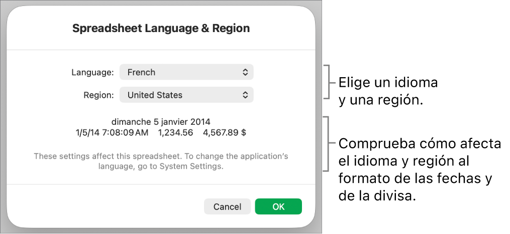 Panel “Idioma y región” con controles para el idioma y la región, y un ejemplo de formato que incluye la fecha, la hora, los decimales y la divisa.