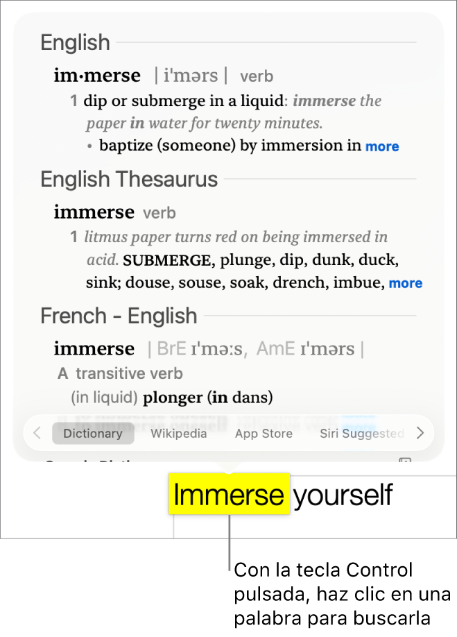 Texto con una palabra resaltada y una ventana en la que se muestra tu definición y una entrada en el diccionario de sinónimos. Tres botones en la parte inferior de la ventana proporcionan enlaces al diccionario, Wikipedia y los sitios web sugeridos por Siri.