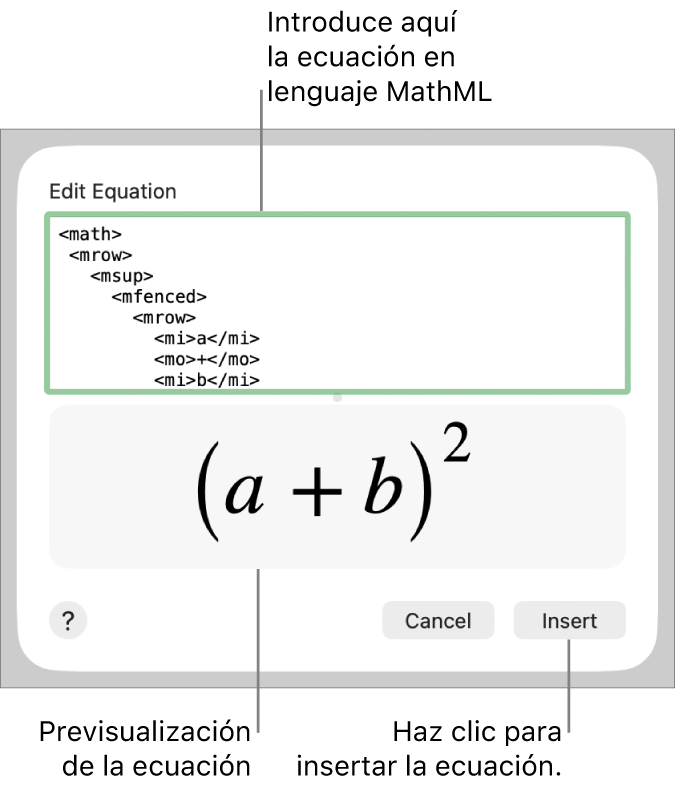 La ecuación de la pendiente de una recta en el campo “Editar ecuación” y la previsualización de la fórmula a continuación.