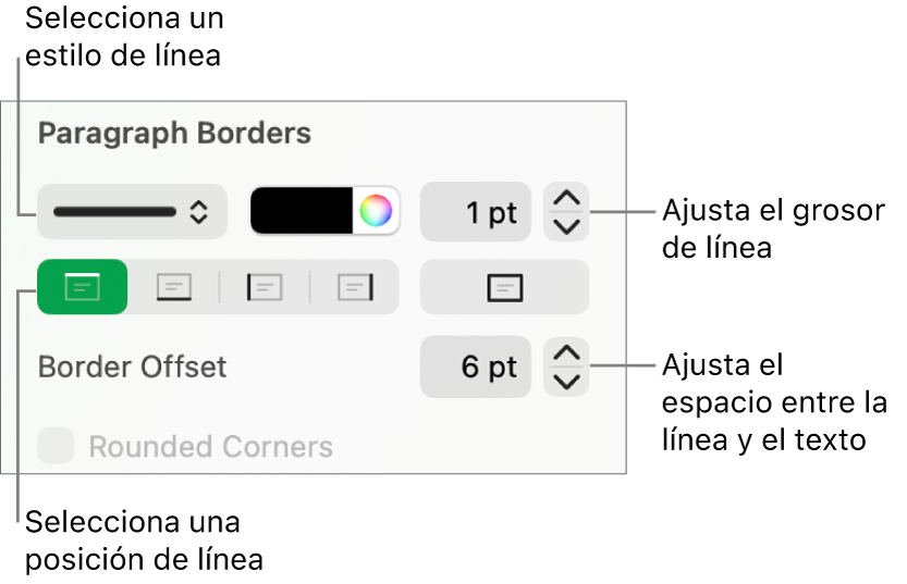 Controles para cambiar el estilo de línea, grosor, posición y color.