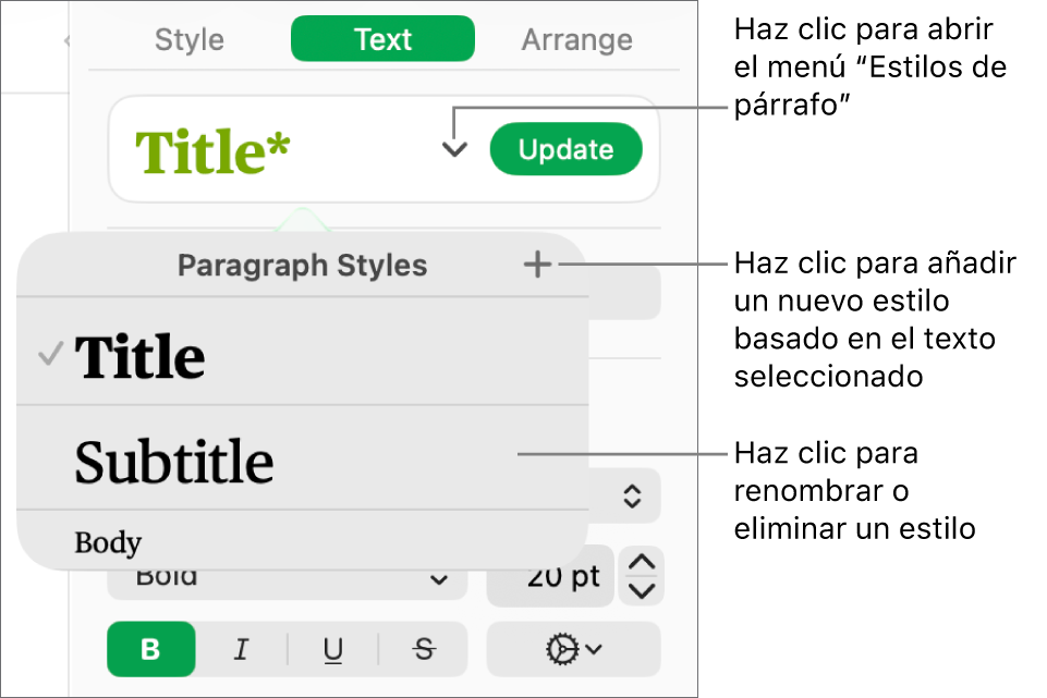 El menú “Estilos de párrafo”, con los controles para añadir o cambiar un estilo.
