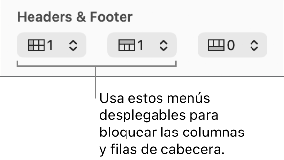 Menús desplegables para añadir columnas y filas de cabecera y pie de página a una tabla y para congelar columnas y filas de cabecera.
