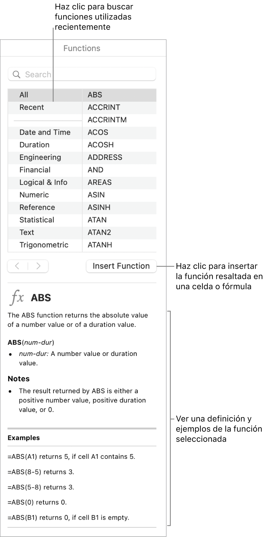 El explorador de funciones con llamadas a funciones utilizadas recientemente, el botón “Insertar función” y la definición de la función.
