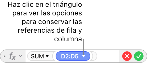 El editor de fórmulas con un triángulo en el que haces clic para abrir las opciones para conservar las referencias de fila y columna.
