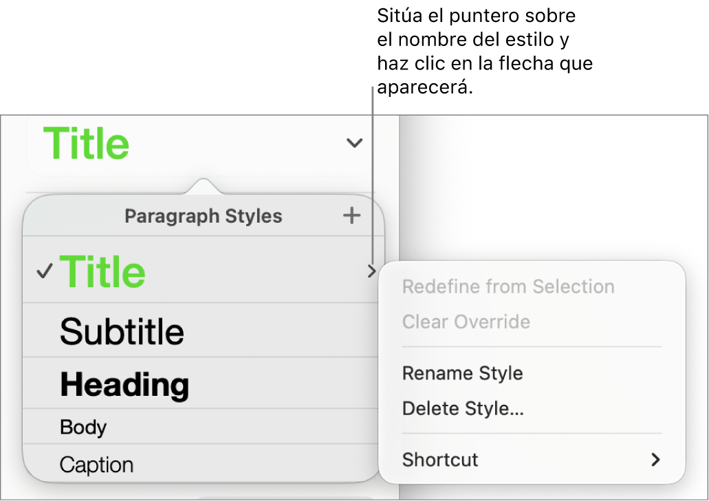 El menú “Estilos de párrafo” con el menú de función rápida abierto.