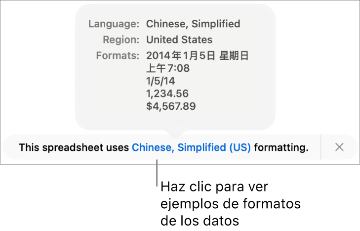 La notificación del ajuste de idioma y formato distinto, con ejemplos del formato en ese idioma y región.