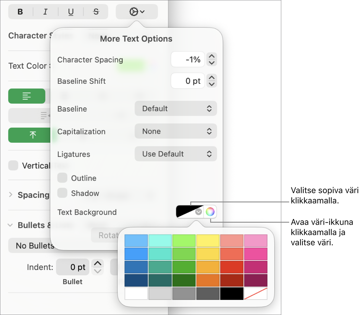 Säätimet merkkitäytön valitsemiseen.