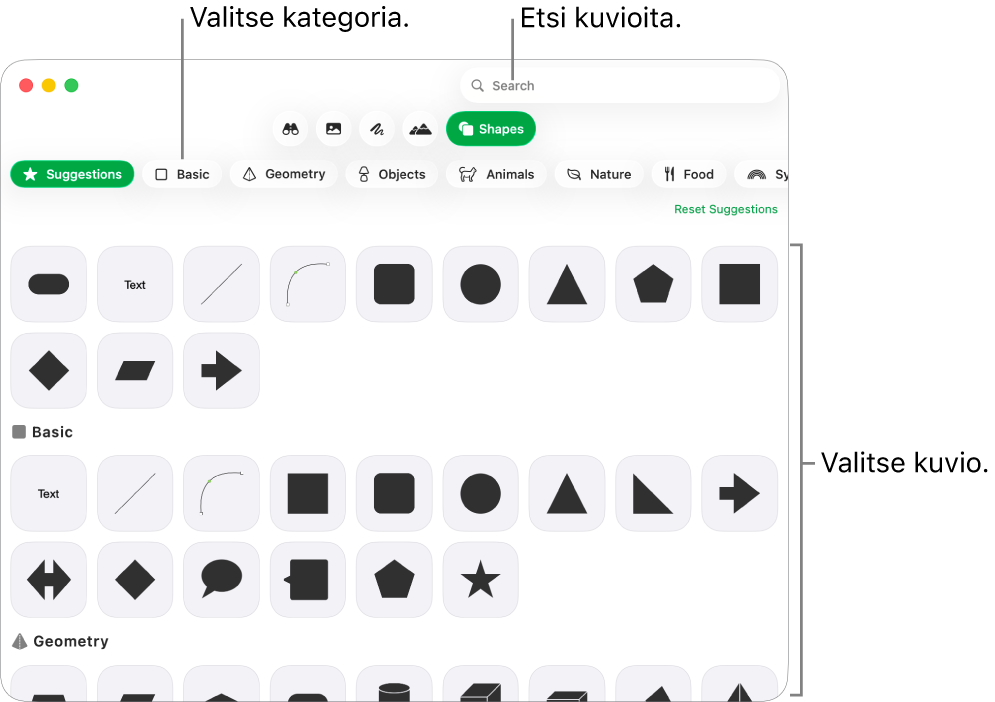 Kuviokirjasto, jossa näkyy vasemmalla kategorioita ja oikealla kuvioita. Voit etsiä kuvioita yläreunassa olevan hakukentän avulla ja näyttää niitä lisää vierittämällä.