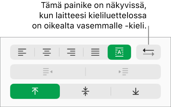 Muoto-sivupalkin Tasaus-osiossa oleva Kappaleen suunta -painike.
