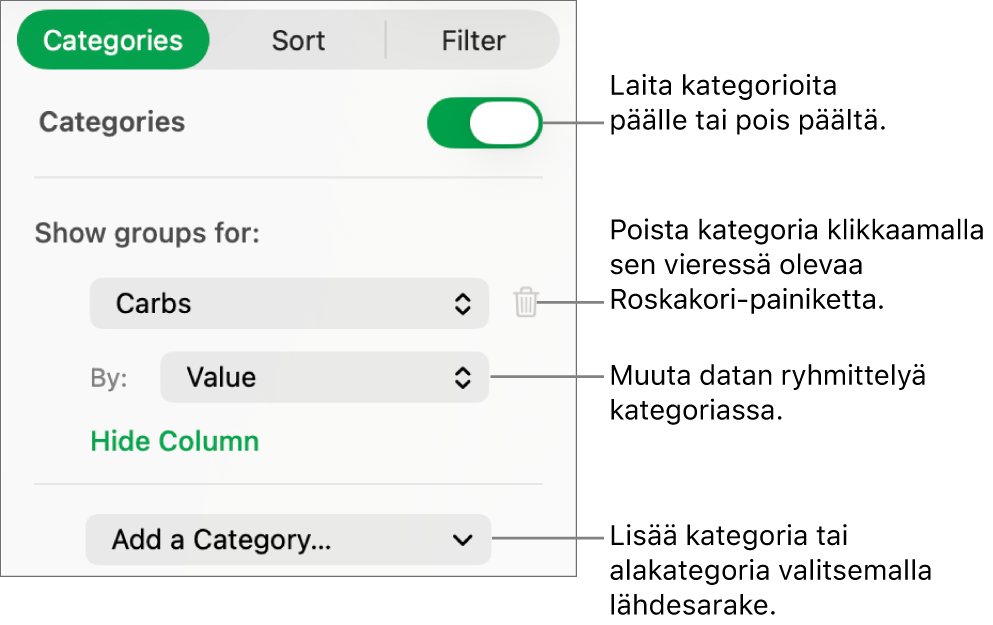 Kategorioiden sivupalkki, joka sisältää valinnat kategorioiden laittamiseksi pois päältä ja poistamiseksi, datan ryhmittämiseksi uudelleen, lähdesarakkeen kätkemiseksi ja kategorioiden lisäämiseksi.