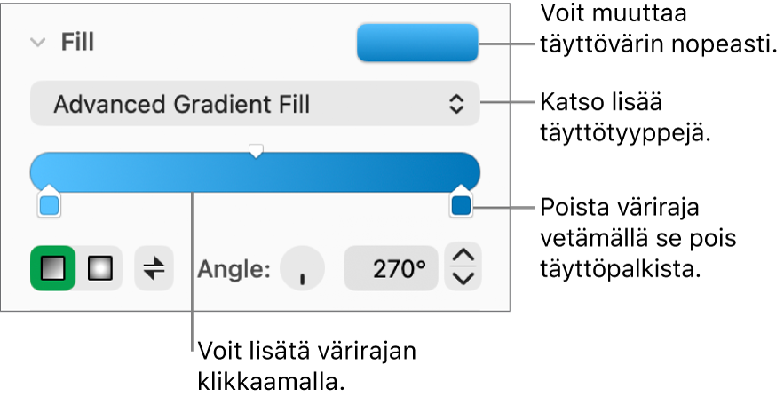 Säätimet objektien täyttämiseen väreillä.