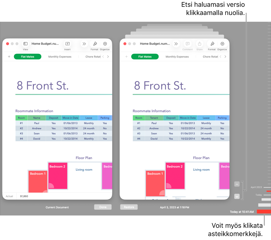 Palautusikkuna, jossa on näkyvillä selattavat versiot.