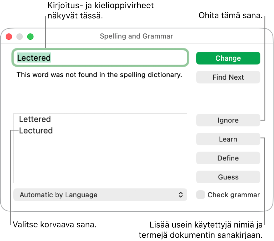Oikeinkirjoitus ja kielioppi -ikkuna.