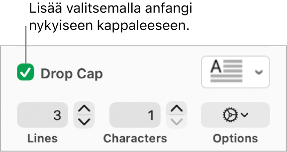 Anfangi-valintaneliö valitaan ja ponnahdusvalikko tulee näkyviin sen oikealla puolella. Säätimet rivien korkeudelle, merkkimäärälle ja muille vaihtoehdoille tulevat näkyviin sen alle.
