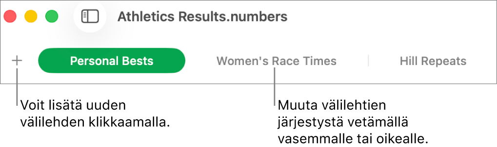 Välilehtipalkki uuden välilehden lisäämiseen ja välilehtien järjestelemiseen.