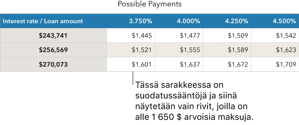 Asuntolainataulukko edullisten korkojen perusteella suodattamisen jälkeen.