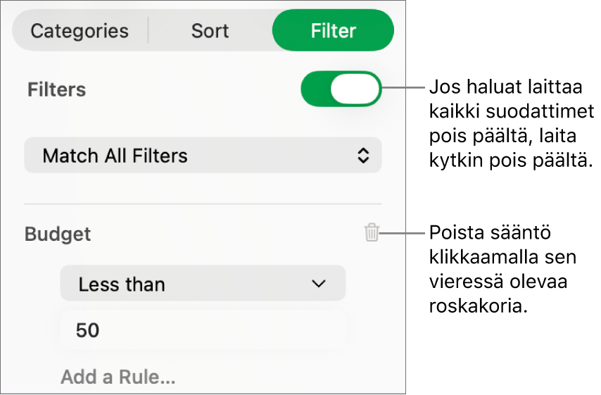 Säätimet, joiden avulla voidaan poistaa suodatin tai laittaa kaikki suodattimet pois päältä.
