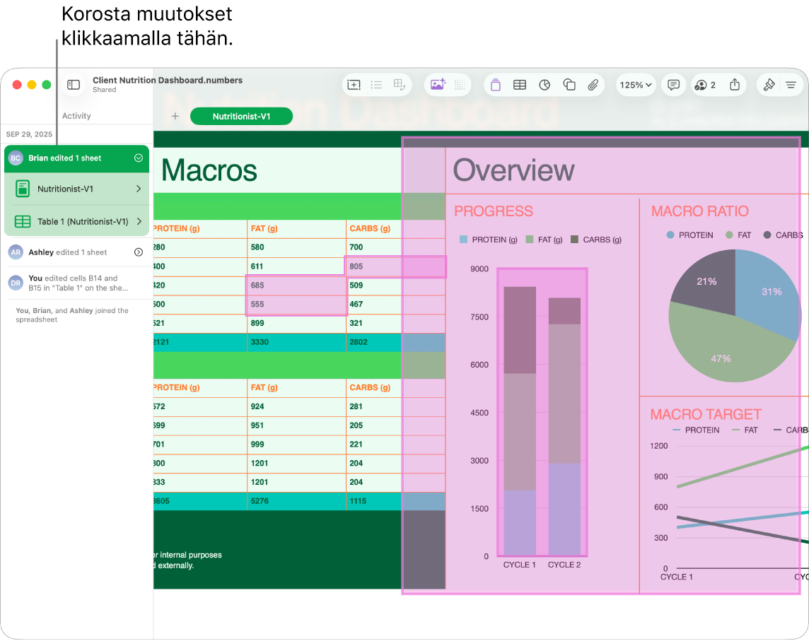 Yhteistyölaskentataulukko, jossa on avoinna yhteistyövalikko ja aktiivisuusluettelo.
