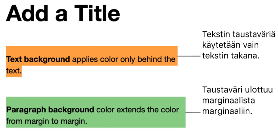 Kappale, jossa väriä on vain tekstin taustalla, ja kappale, jonka taustalla on väriä, joka yltää marginaalista marginaaliin koko alueella.