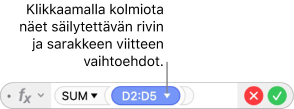 Kaavan muokkaaja, jonka kolmiota klikkaamalla tuodaan näkyviin vaihtoehdot rivi- ja sarakeviitteiden säilyttämiseen.