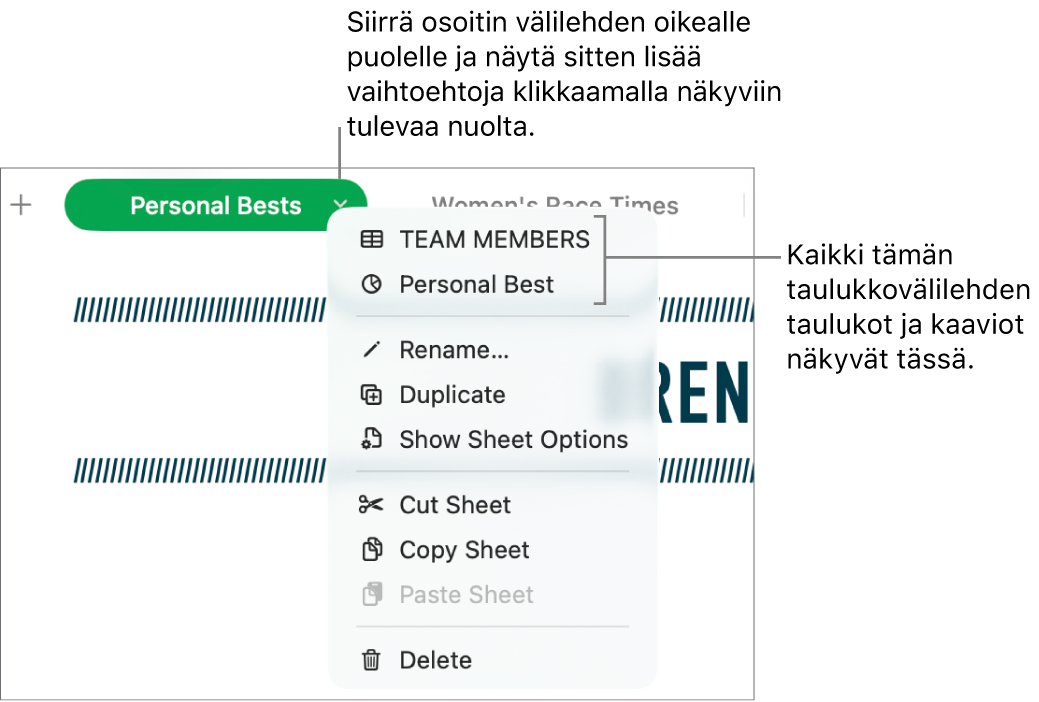 Laskentataulukkovälilehti, jossa on oikotievalikko avoinna ja jossa näkyy valintoja, kuten Monista.