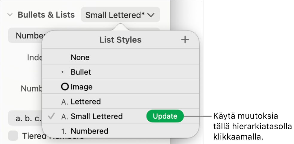 Luettelotyylit-ponnahdusvalikko, jossa uuden tyylin nimen vieressä on Päivitä-painike.