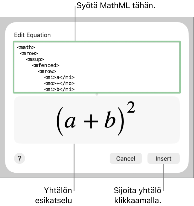 Muokkaa yhtälöä -kentässä on suoran kulmakertoimen yhtälö ja alla kaavan esikatselu.
