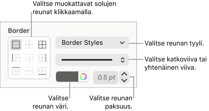 Säätimet solun reunojen tyylin asettamista varten.