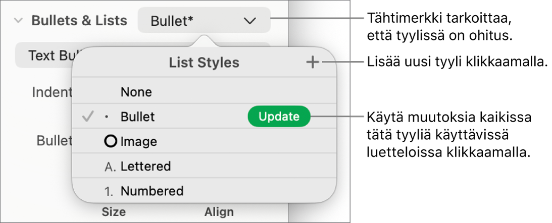 Luettelotyylit-ponnahdusvalikko, jossa on ohitusta merkitsevä tähti ja Uusi tyyli -painikkeen selitteitä, ja vaihtoehtojen alavalikko tyylien hallintaa varten.