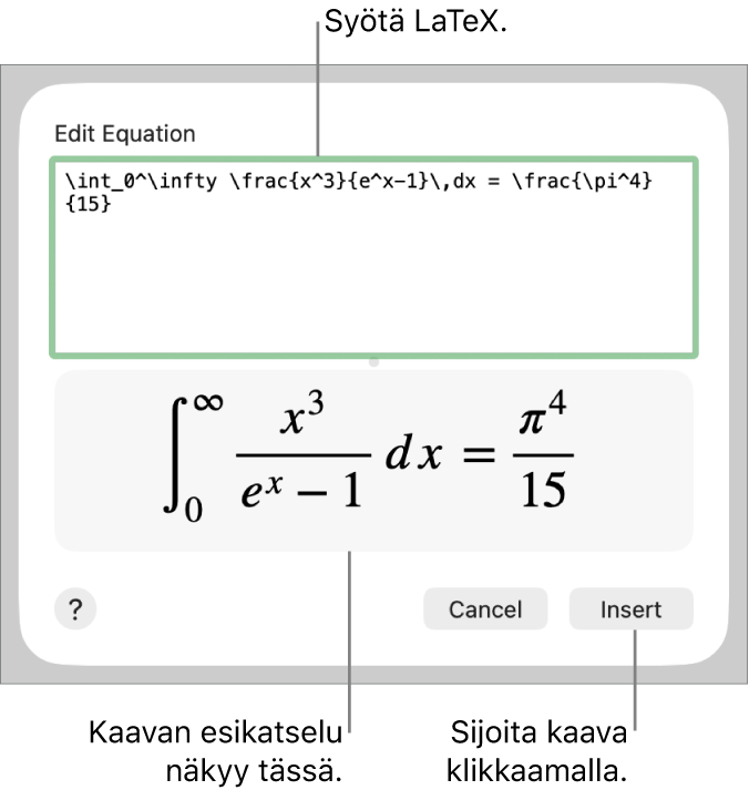 Yhtälö-kenttään LaTeX:ää käyttäen syötetty neliökaava ja alla kaavan esikatselu.