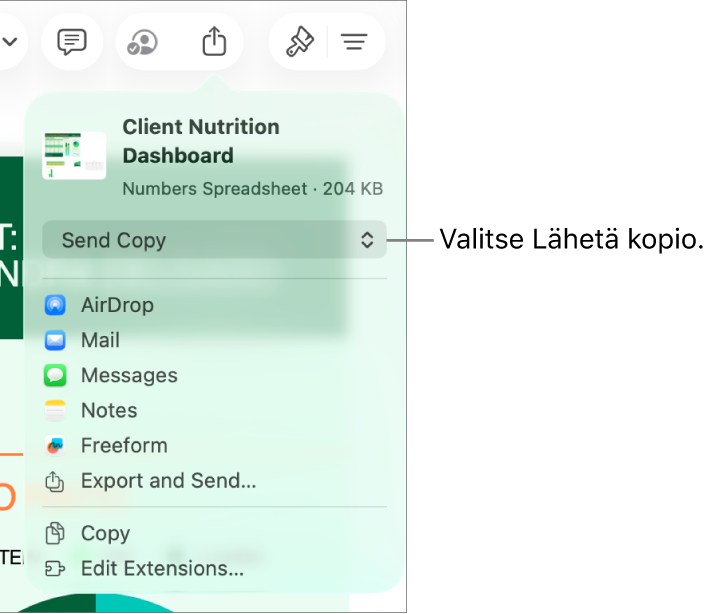 Jaa-valikko, jossa on ylhäällä valittuna Lähetä kopio.