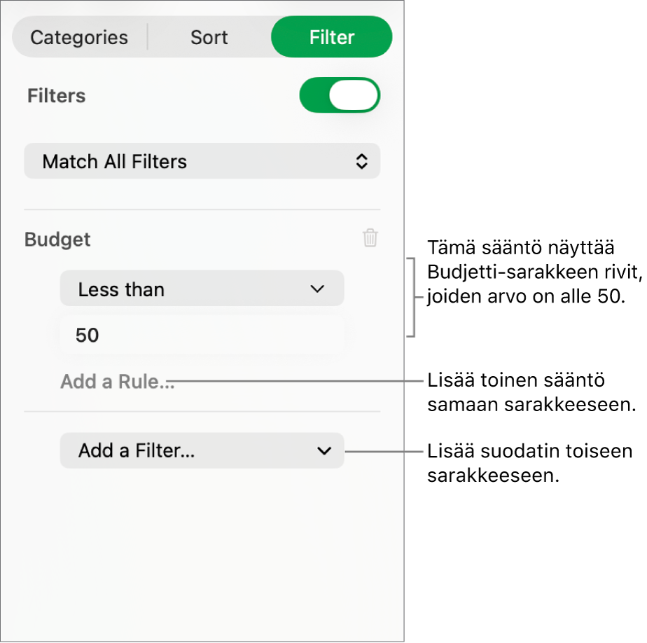 Säätimet suodatussääntöjen luomiseen.