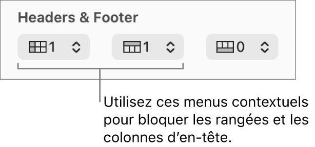 Menus contextuels permettant d’ajouter des colonnes et rangées d’en-tête et de bas de tableau, et de bloquer les rangées et colonnes d’en-tête