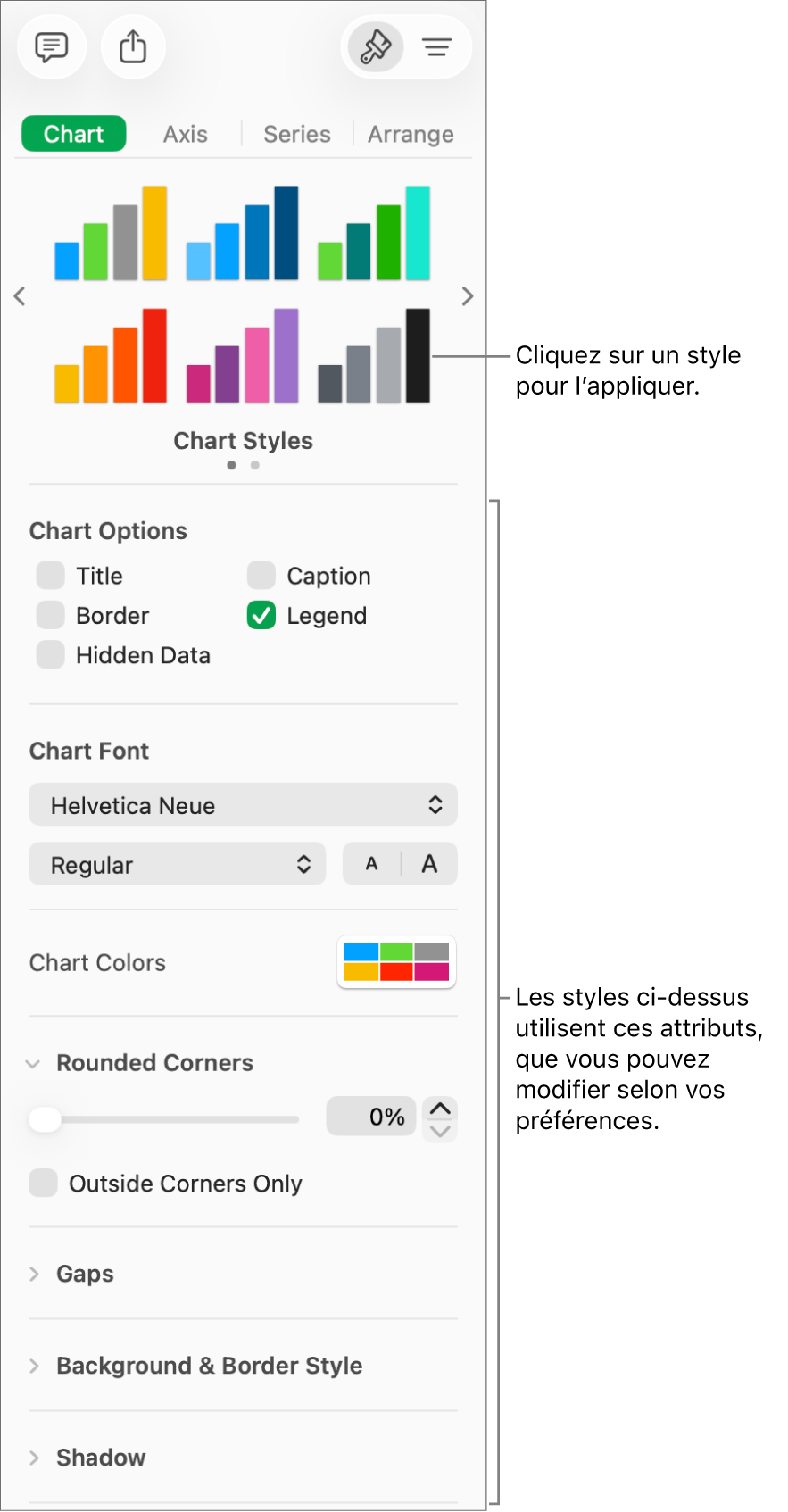 Barre latérale de mise en forme avec les commandes permettant de mettre en forme les graphiques.