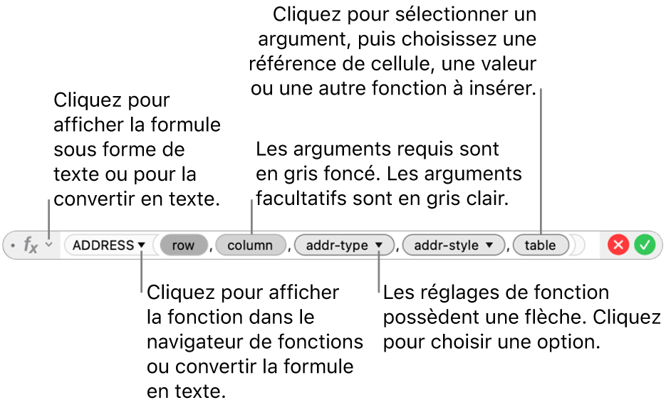 L’éditeur de formules affichant la fonction ADRESSE et les jetons de ses arguments.