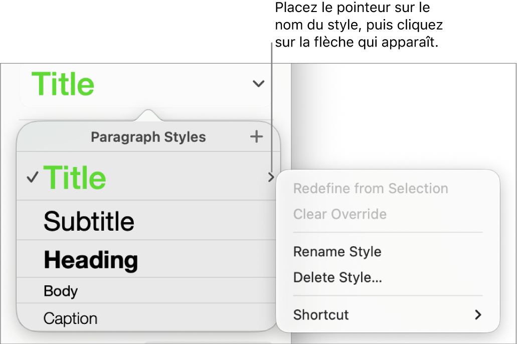 Le menu Styles de paragraphe avec le menu contextuel ouvert.