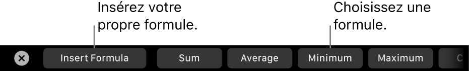La Touch Bar d’un MacBook Pro affichant des commandes pour choisir parmi les formules courantes ou insérer la vôtre.