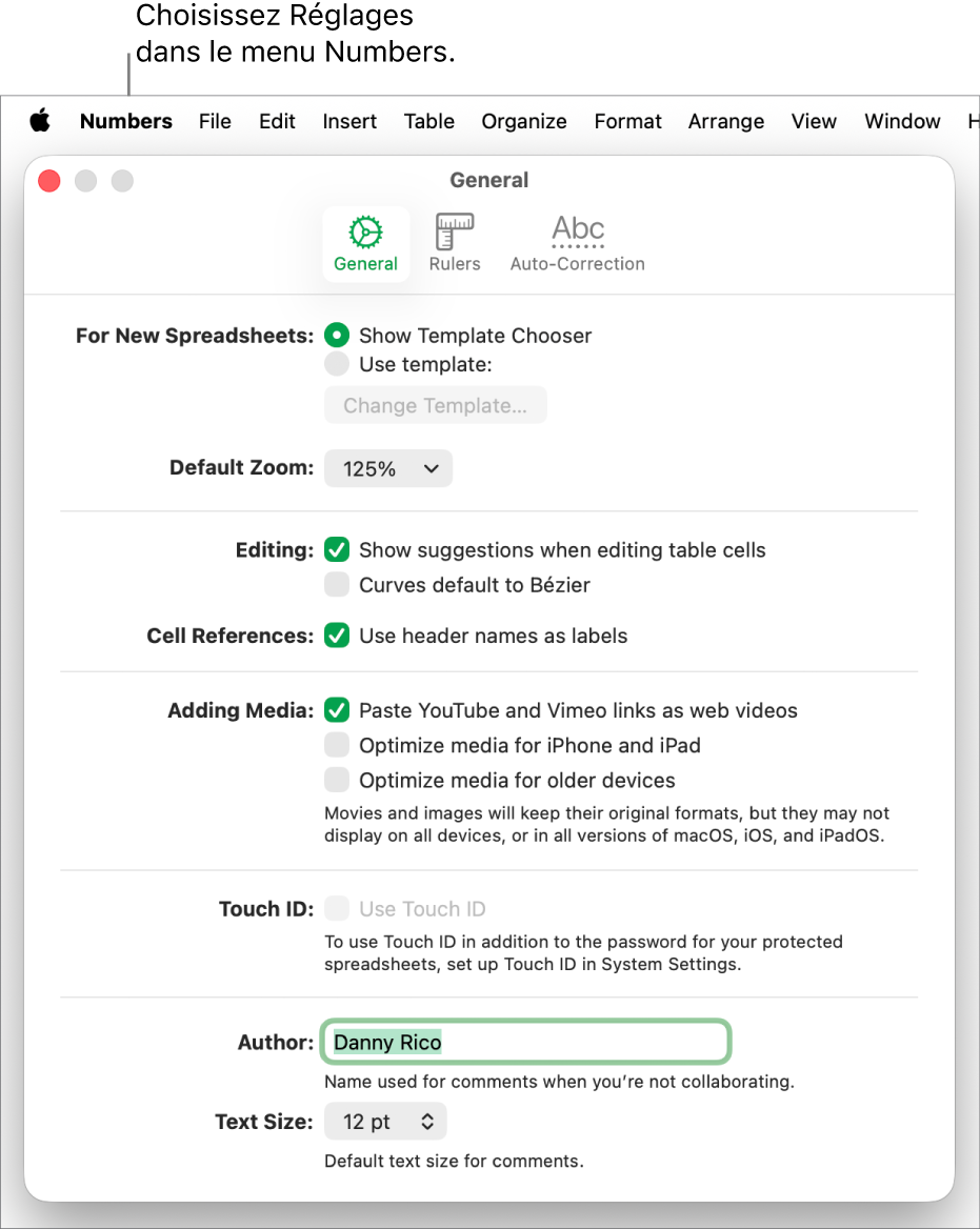 Fenêtre des réglages de Numbers ouverte à la sous-fenêtre Général avec les réglages pour les nouvelles feuilles de calcul, le zoom par défaut, les modifications, les références de cellule, les équations, l’ajout de contenu multimédia, Touch ID, le nom de l’auteur et la taille du texte par défaut.