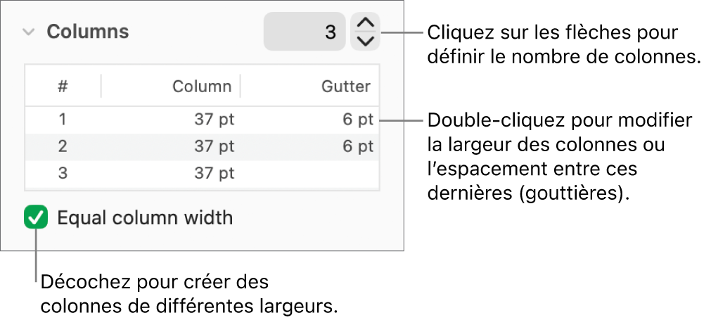 Commandes de la section Colonnes permettant de modifier le nombre de colonnes et leurs largeurs.