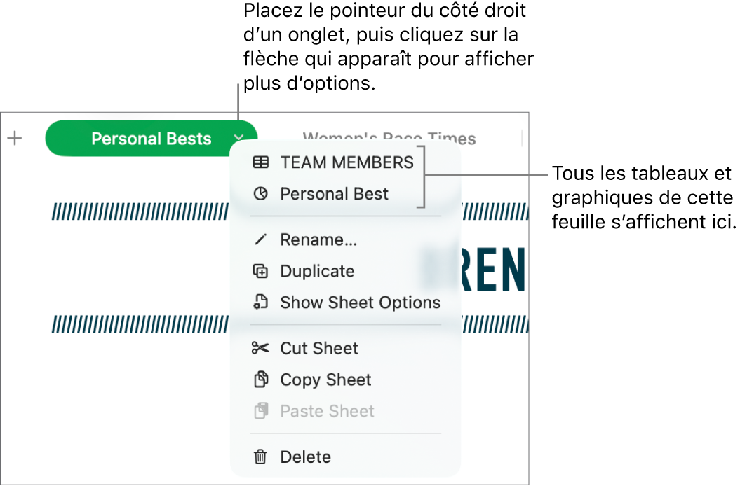Un onglet d’une feuille de calcul avec le menu contextuel ouvert affichant des options, notamment Dupliquer.