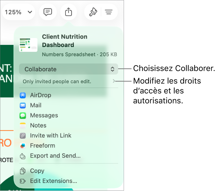 Le menu Partager avec l’option Collaborer sélectionnée dans le haut, au-dessus des réglages d’accès et d’autorisation.