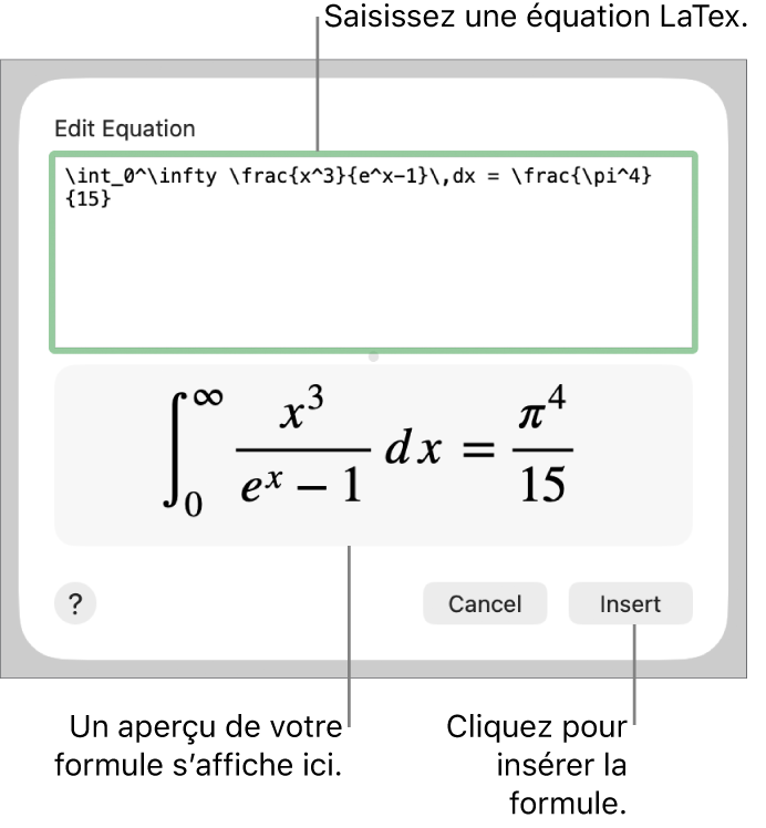 Formule quadratique composée à l’aide du langage LaTeX dans le champ Équation et aperçu de la formule en bas.